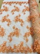 3D Small Flowers with Rhinestone - Peach - Embroidered Luxury Realistic Flowers On Lace Yard