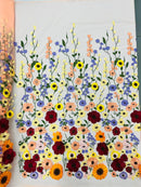 Multi-Color Flower Fabric - Peach - Embroidered Floral Design Fabric Sold by Yard