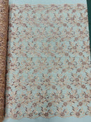 Small Flower Plant Fabric - Peach - Floral Embroidered Design on Lace Mesh By Yard