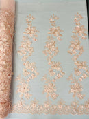 3D Rose Plant Fabric - Peach - Embroidered Flower Design Rose Fabric Sold by Yard
