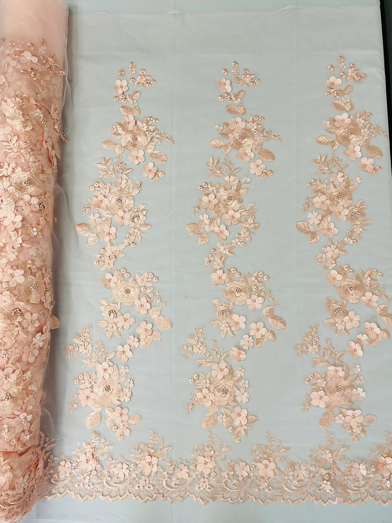 3D Rose Plant Fabric - Peach - Embroidered Flower Design Rose Fabric Sold by Yard