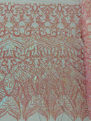 Iridescent Sequin Fabric - Iridescent Coral Pink - 4 Way Stretch Royalty Lace Sequin By Yard