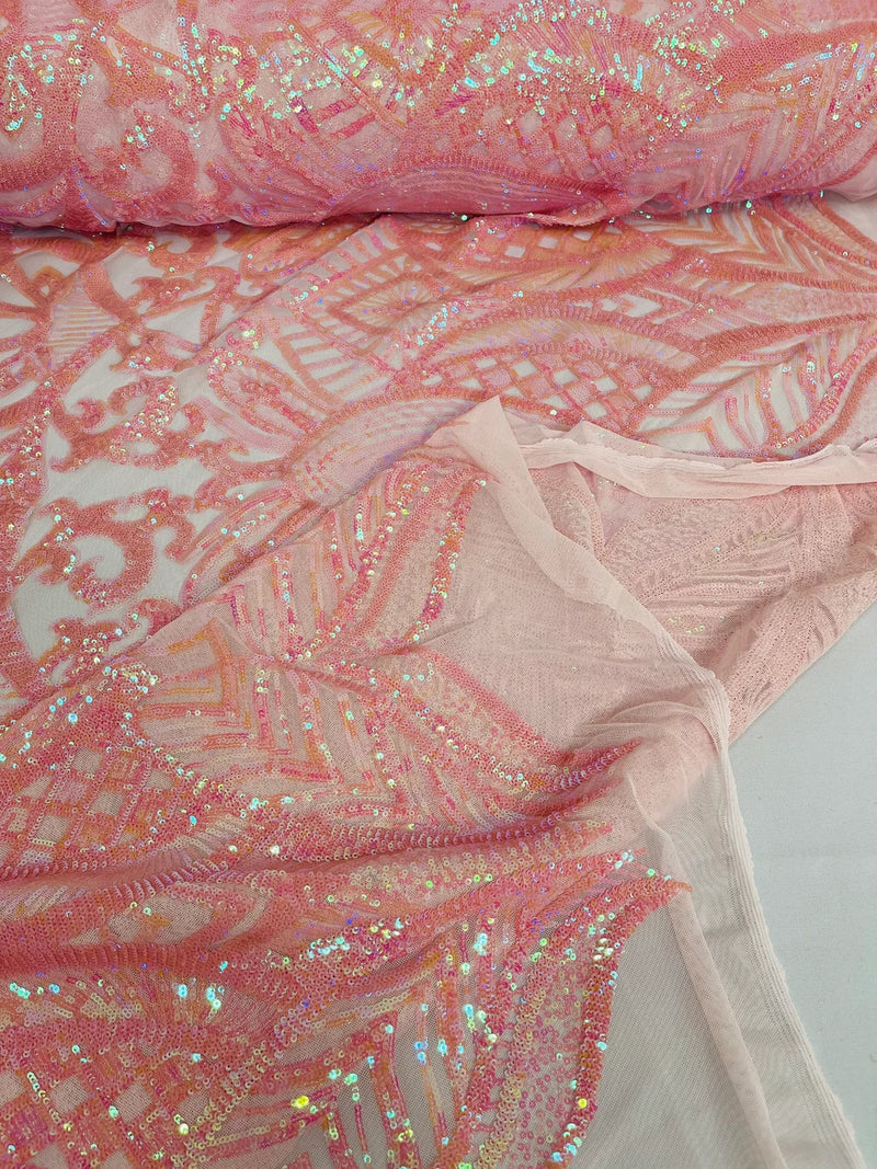 Iridescent Sequin Fabric - Iridescent Coral Pink - 4 Way Stretch Royalty Lace Sequin By Yard