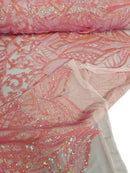 Iridescent Sequin Fabric - Iridescent Coral Pink - 4 Way Stretch Royalty Lace Sequin By Yard