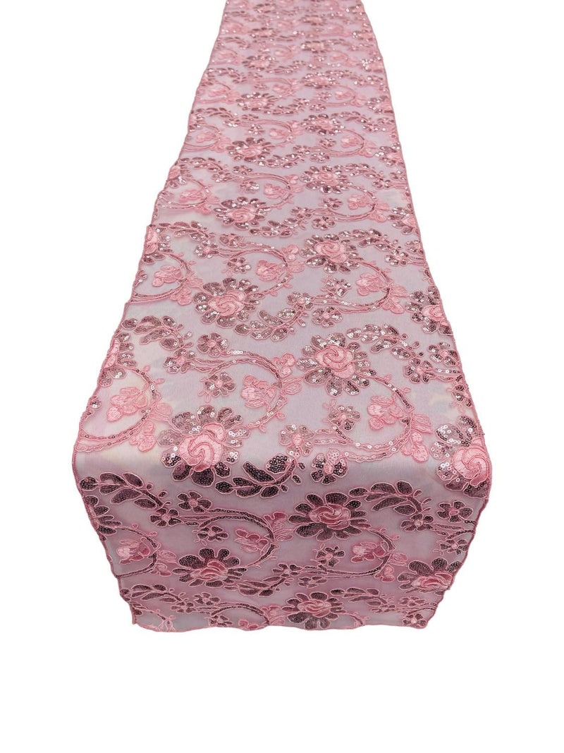 Floral Lace Table Runner - Pink - 12" x 90" Sequins Floral Lace Table Runner