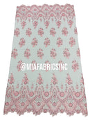 Floral Cluster Beaded Fabric - Pink - Embroidered Fancy Fashion Design Beads and Sequins Sold by yard