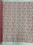 Floral Embroidered Lace - Pink - Floral Corded Lace With Sequins Sold By Yard