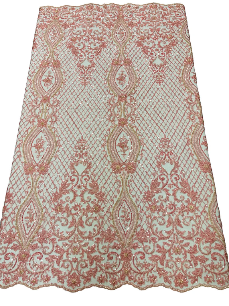 Elegant Damask Beaded Fabric - Pink - Embroidered Floral Damask Net Fabric Sold By Yard