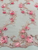 3D Flower Sequin Cluster Design - Pink - Sequins Embroidered Floral Design on Tulle Sold By Yard