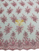 Beaded Flower Sequins Fabric - Pink - Embroidery With Beads and Sequin on a Mesh Sold By Yard