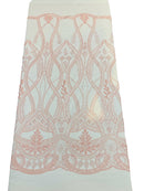 Fancy Beaded Design Fabric - Pink - Wavy Pattern and Embroidered Beads Fabric Sold By Yard