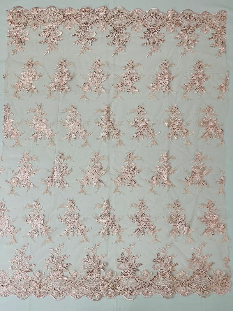 Plant Cluster Sequins Design - Pink - Flower Sequins Embroidered Design on Tulle Sold By Yard