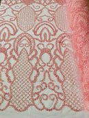 Fashion Design Bead Damask Fabric - Pink - Embroidered Elegant Design on Mesh Sold By The Yard