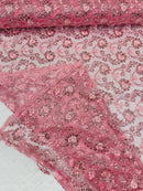 Floral Embroidered Lace - Pink - Floral Corded Lace With Sequins Sold By Yard