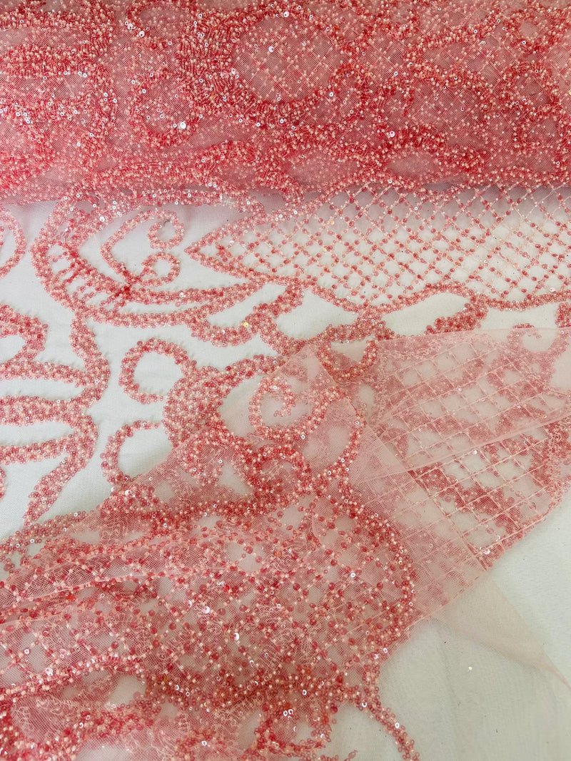 Fashion Design Bead Damask Fabric - Pink - Embroidered Elegant Design on Mesh Sold By The Yard