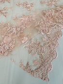 Plant Cluster Sequins Design - Pink - Flower Sequins Embroidered Design on Tulle Sold By Yard