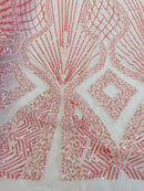 Zig Zag Lines Diamond Shape Fabric - Pink - Embroidered Glamorous Design on Mesh Sold By The Yard