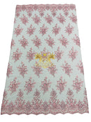 Beaded Flower Sequins Fabric - Pink - Embroidery With Beads and Sequin on a Mesh Sold By Yard