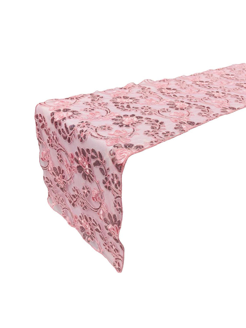 Floral Lace Table Runner - Pink - 12" x 90" Sequins Floral Lace Table Runner