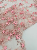 3D Flower Sequin Cluster Design - Pink - Sequins Embroidered Floral Design on Tulle Sold By Yard