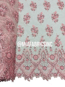 Floral Cluster Beaded Fabric - Pink - Embroidered Fancy Fashion Design Beads and Sequins Sold by yard