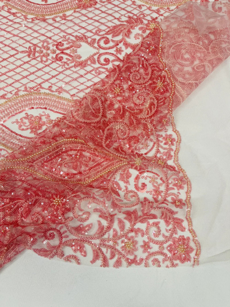 Elegant Damask Beaded Fabric - Pink - Embroidered Floral Damask Net Fabric Sold By Yard