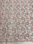 Floral Embroidered Lace - Pink - Floral Corded Lace With Sequins Sold By Yard