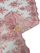 Beaded Flower Sequins Fabric - Pink - Embroidery With Beads and Sequin on a Mesh Sold By Yard