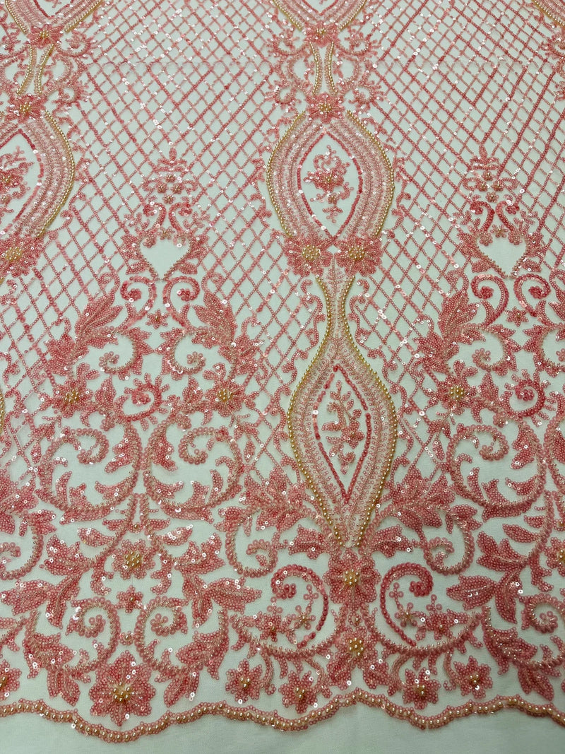 Elegant Damask Beaded Fabric - Pink - Embroidered Floral Damask Net Fabric Sold By Yard