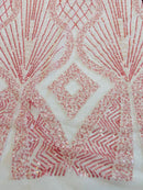 Zig Zag Lines Diamond Shape Fabric - Pink - Embroidered Glamorous Design on Mesh Sold By The Yard