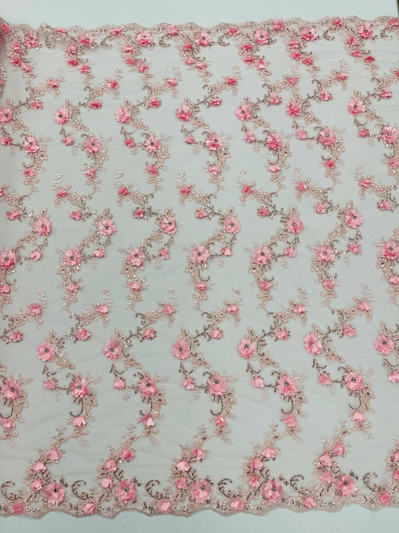 3D Flower Sequin Cluster Design - Pink - Sequins Embroidered Floral Design on Tulle Sold By Yard