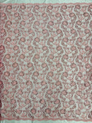 Floral Embroidered Lace - Pink - Floral Corded Lace With Sequins Sold By Yard