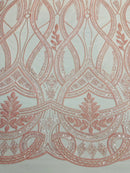 Fancy Beaded Design Fabric - Pink - Wavy Pattern and Embroidered Beads Fabric Sold By Yard