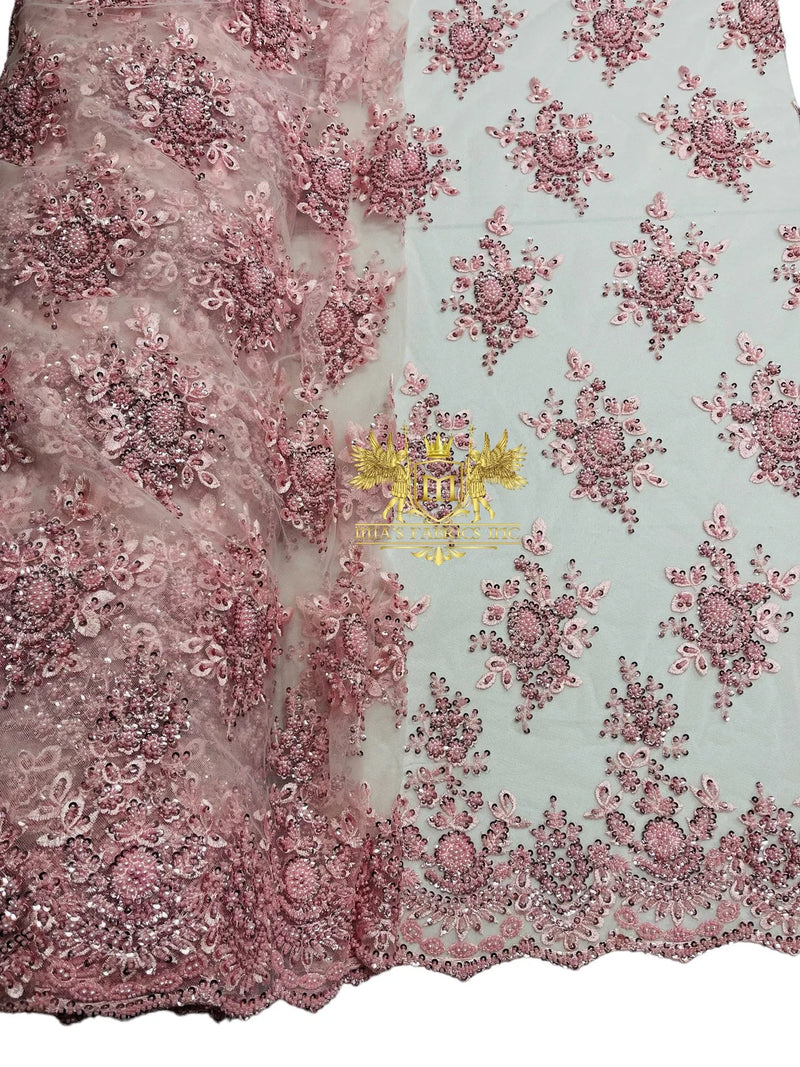 Beaded Flower Sequins Fabric - Pink - Embroidery With Beads and Sequin on a Mesh Sold By Yard