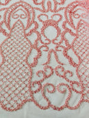 Fashion Design Bead Damask Fabric - Pink - Embroidered Elegant Design on Mesh Sold By The Yard