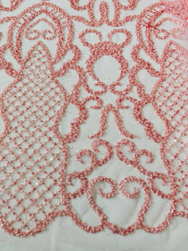 Fashion Design Bead Damask Fabric - Pink - Embroidered Elegant Design on Mesh Sold By The Yard