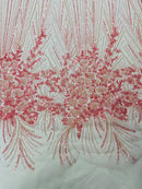Flower Lines Fashion Design Fabric - Pink - Embroidered Floral Beads and Sequins Sold By Yard