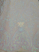 Heart Shape Sequins Fabric - Pink Iridescent - 4 Way Stretch Sequins Damask Fabric By Yard