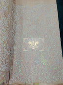 Heart Shape Sequins Fabric - Pink Iridescent - 4 Way Stretch Sequins Damask Fabric By Yard