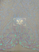 Heart Shape Sequins Fabric - Pink Iridescent - 4 Way Stretch Sequins Damask Fabric By Yard