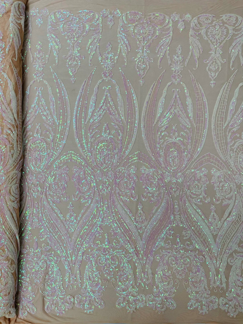 Damask Sequins - Pink Iridescent on Nude - Damask Sequin Design on 4 Way Stretch Fabric By Yard