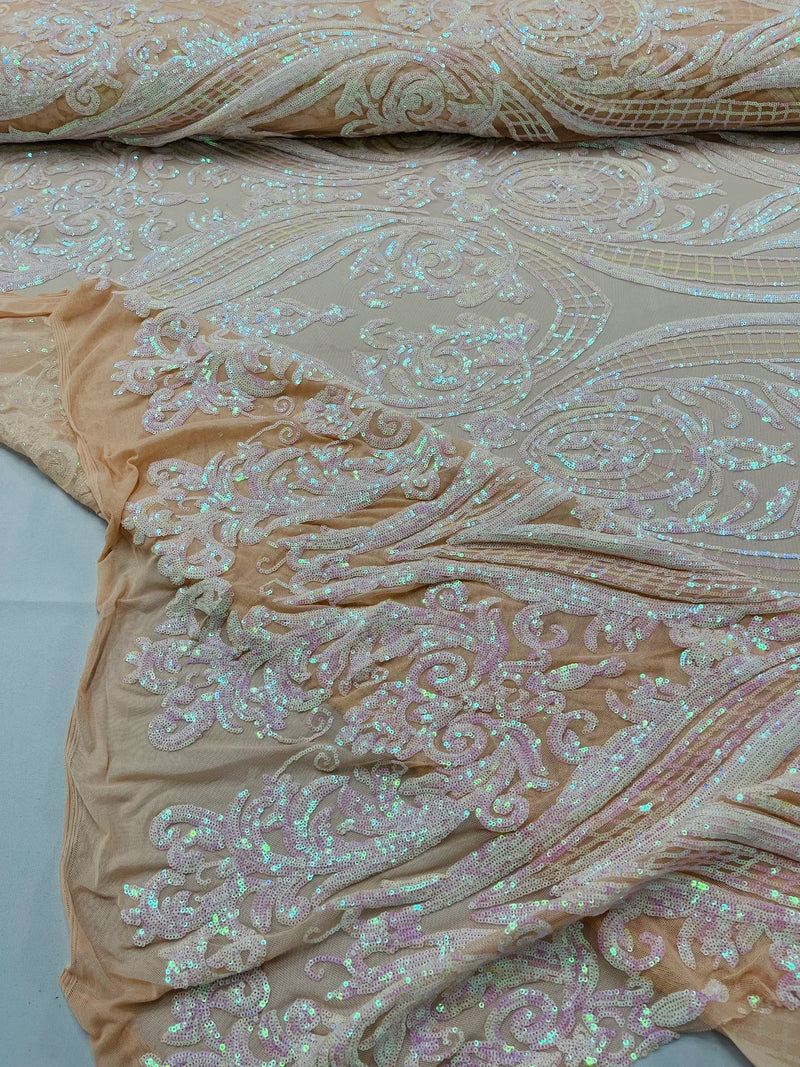 Damask Sequins - Pink Iridescent on Nude - Damask Sequin Design on 4 Way Stretch Fabric By Yard