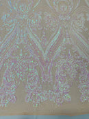 Damask Sequins - Pink Iridescent on Nude - Damask Sequin Design on 4 Way Stretch Fabric By Yard