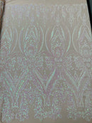 Damask Sequins - Pink Iridescent on Nude - Damask Sequin Design on 4 Way Stretch Fabric By Yard