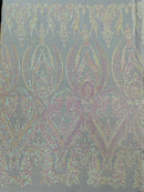 Damask Sequins - Pink Iridescent on White - Damask Sequin Design on 4 Way Stretch Fabric By Yard