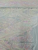 Damask Sequins - Pink Iridescent on White - Damask Sequin Design on 4 Way Stretch Fabric By Yard