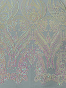 Damask Sequins - Pink Iridescent on White - Damask Sequin Design on 4 Way Stretch Fabric By Yard