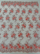 Floral Fabric - Pink with Peach - Sold By Yard Embroidered Roses With Sequins on a Mesh Lace Fabric