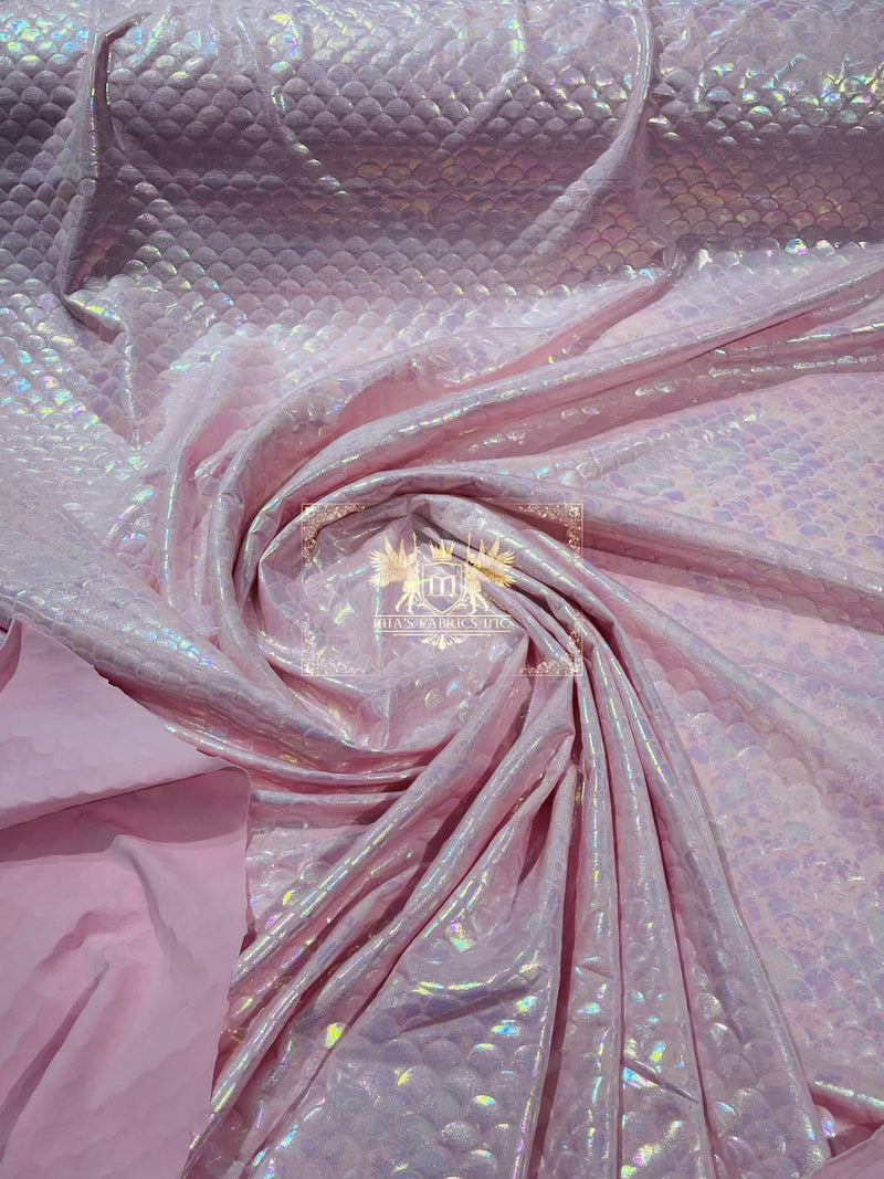 Mermaid Spandex Foil Fabric - Pink - Mermaid Design on Stretch Fabric By Yard
