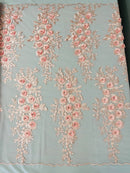 3D Rose Cluster Rhinestone - Pink - Embroidered 3D Floral Rose Design Fabric Sold by Yard